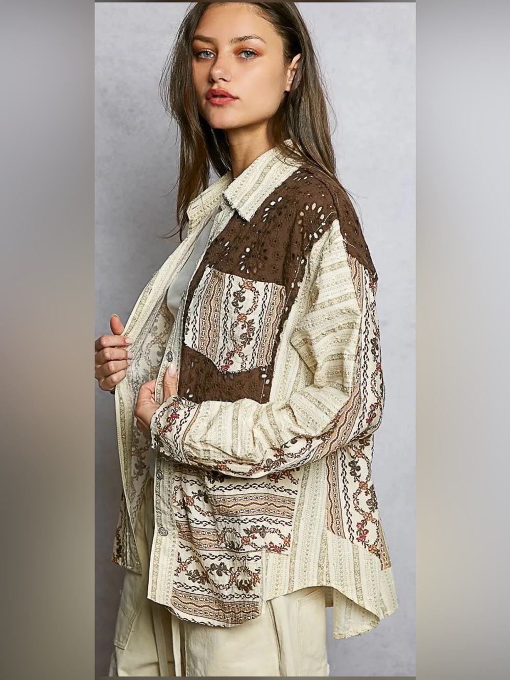 🤎 Boho Patchwork Button-Up Shirt – NWOT